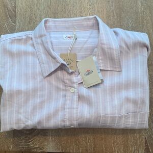 NWT Faherty XXL Stretch Oxford Relaxed Shirt in Sea Fog Stripe Purple/Blue/White